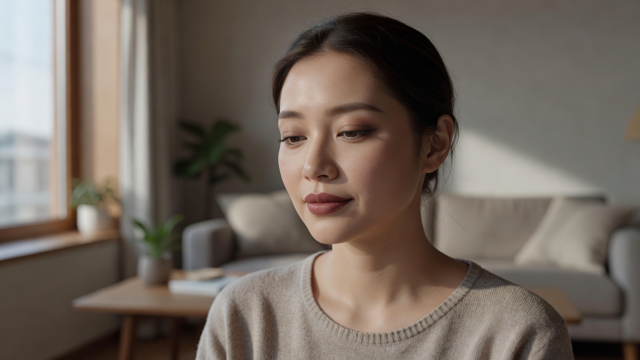 Person near a living-room window wearing muted berry lips and softly defined warm-brown eyes