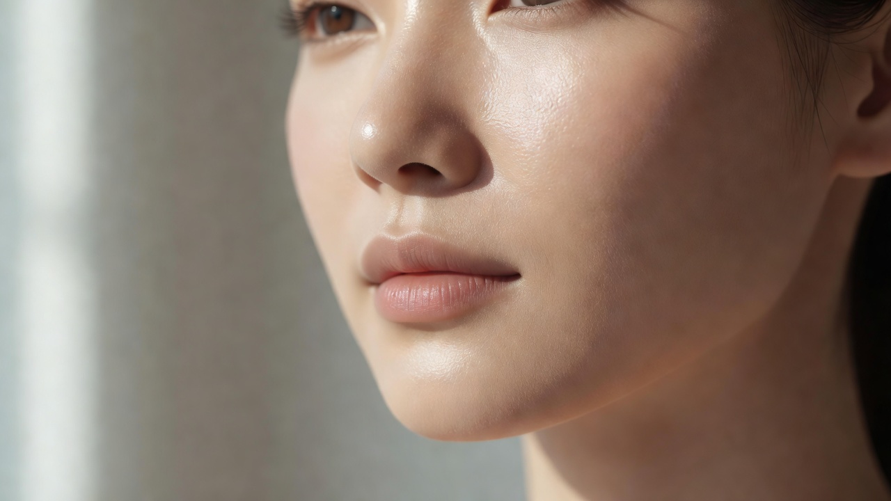 Close portrait in soft window light showing natural skin texture, a satin cheek and lightly defined lips