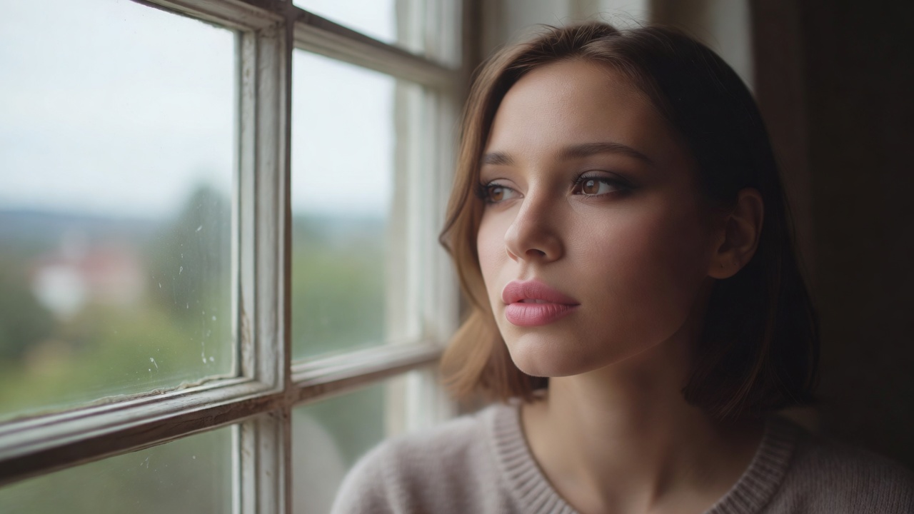 Person beside a home window wearing a blurred rose lip and softly smudged eyeliner