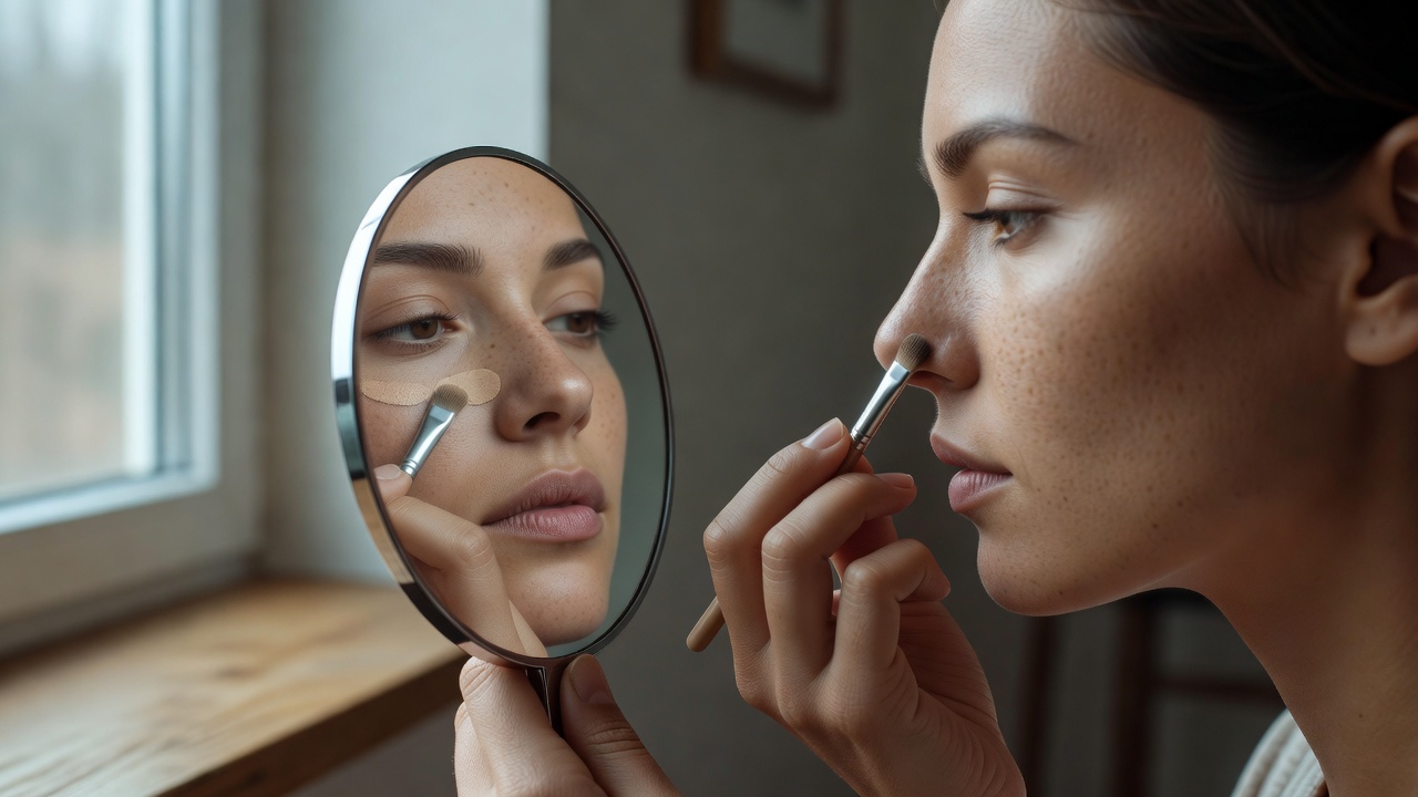 Person using a small makeup brush near a home window to blend a little concealer around the nose